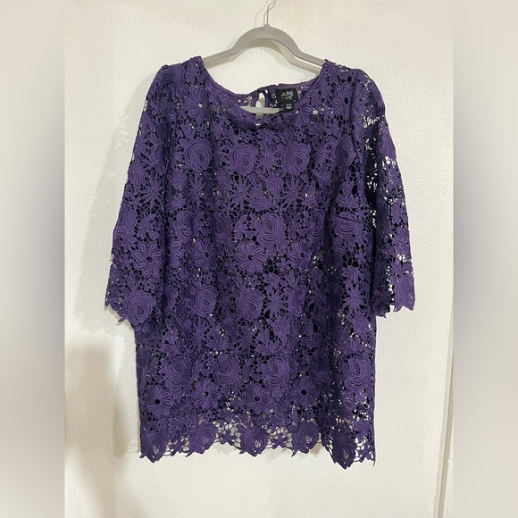 June + Vie lace embroidered purple top 20W NWT 3/4 sleeve - Picture 1 of 3